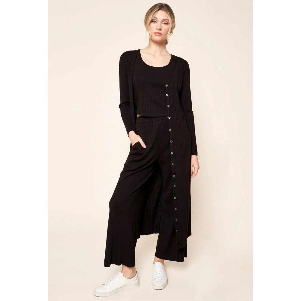 Sugar + Lips Black Ribbed Knit Button-Up Midi Cardigan Dress Size M